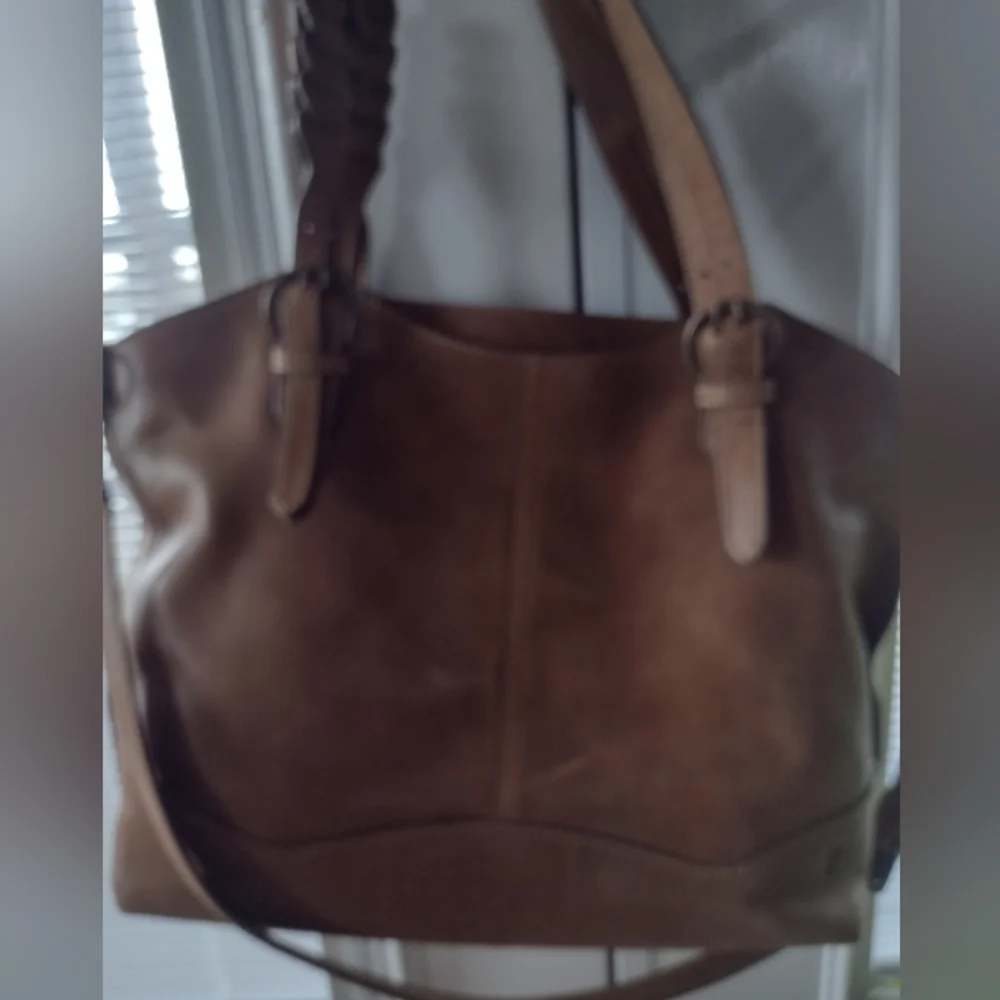 Frye Maddie Shopper Genuine Leather Handbag Tan Caramel Brass Braided Western - Picture 9 of 12